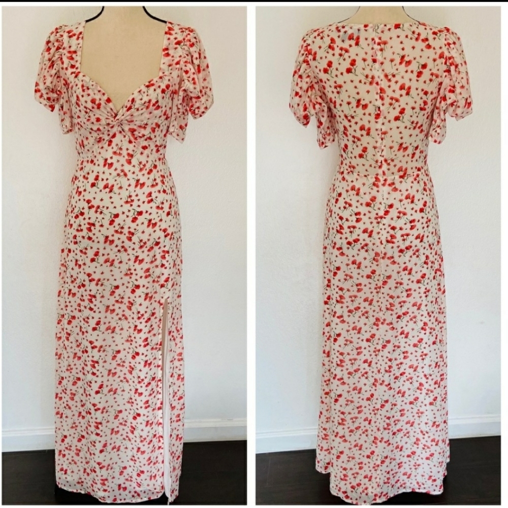 Lulus White + Red Floral Puff Sleeve Maxi Dress